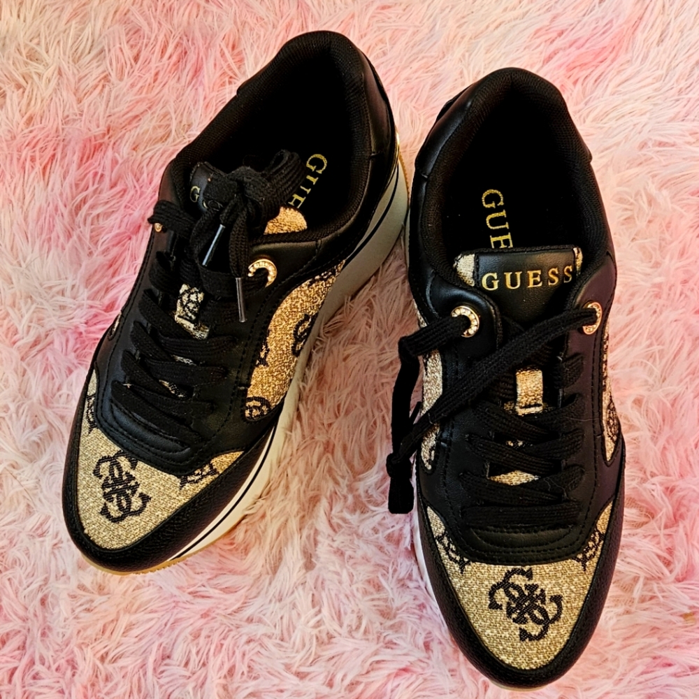 Guess Black and Gold Sneakers with Metallic Accents